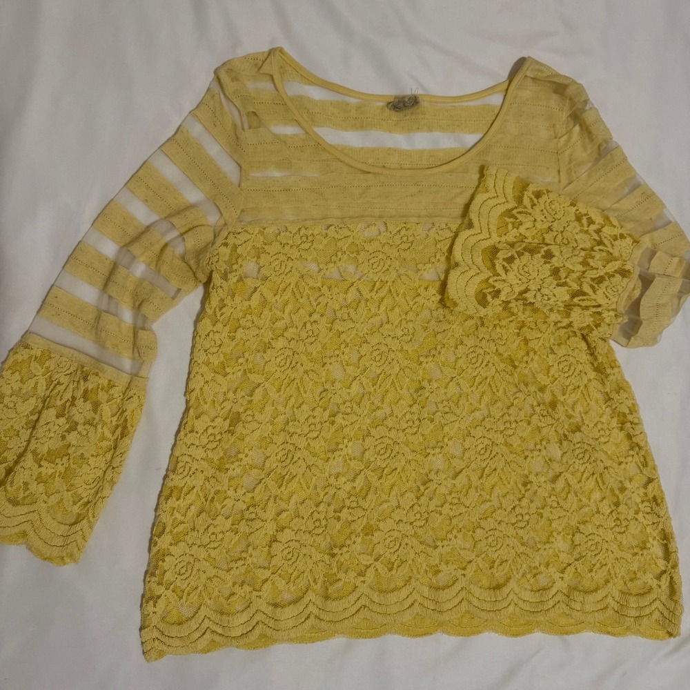 Yellow Lace Mesh Stripe‎ Bell Sleeve Top GMK12306 Boho Romantic Scoop Neck